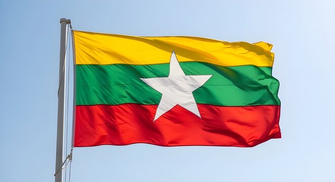 Myanmar flag waving against clear blue sky