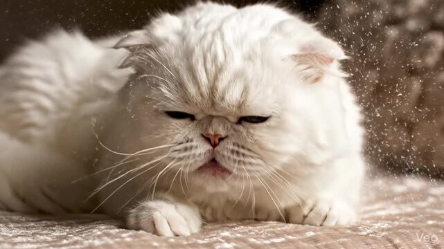 White Persian cat with distinctive flat face and large eyes, initially resting, then yawning, and finally licking its lips on a soft textured surface indoors
