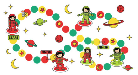 Astronauts playing a space-themed board game with planets, stars, and moons. © zui