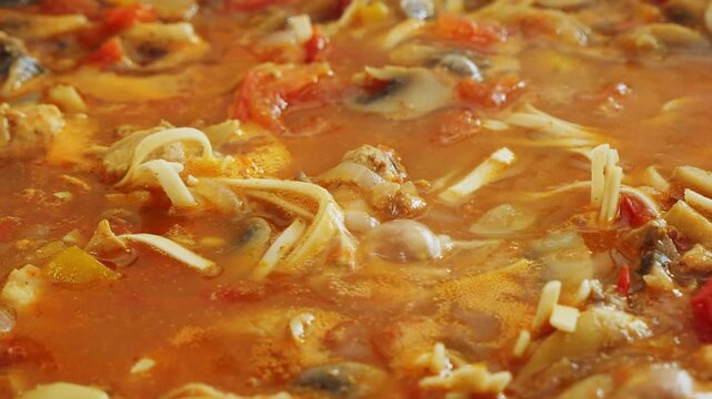 Vegetables with chicken and udon noodles are stewed in a frying pan in Pad Thai sauce and spices, boiling and bubbling. Close-up.