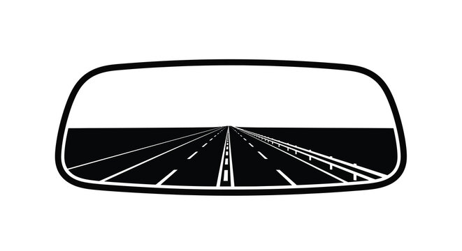 A black and white illustration depicts a view through a car s rear view mirror showing a long straight highway