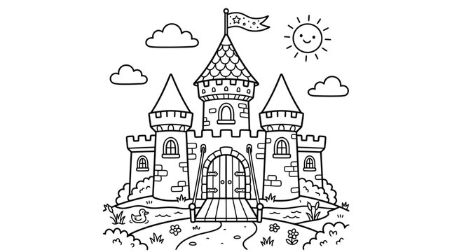 A medieval castle with towers.