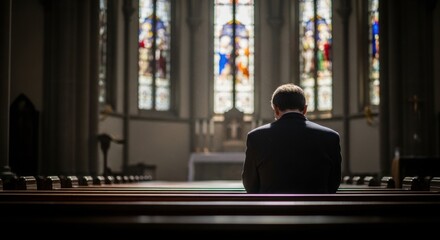 Obraz premium Man praying in church. Devout male sitting on pew with stained glass window behind him. Christian religious faith and meditation concept. Spiritual worship inside a peaceful sanctuary.