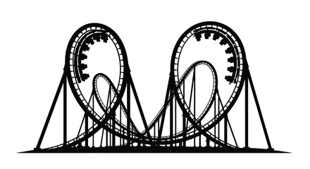 A striking black silhouette depicts a complex roller coaster with looping tracks and supporting structures high quality professional detailed © Tushar02
