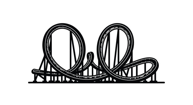 A stylized black and white illustration depicts a looping roller coaster track with prominent curves and supports high quality