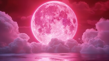 Fototapeta premium A large pink moon is in the sky above a body of water. The sky is filled with pink clouds, creating a dreamy and romantic atmosphere