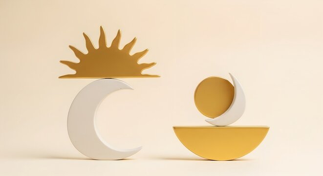 Creative display of abstract shapes representing sun and moon in a minimalistic design, capturing a sense of harmony and balance ai, sun, moon, abstract, design, shapes, minimalism, harmony, decor, wo
