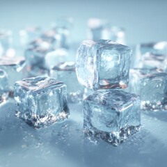 Obraz premium Clear ice cubes with water droplets on a cool surface