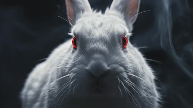 Close up horror rabbit face with glowing red eyes dark mood. 4K Video