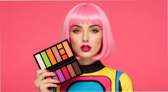 Vibrant makeup artistry showcases bold colors and playful styles in a playful setting filled with energy and creativity ai, makeup, artistry, palette, colors, pink, bob, hairstyle, model, fashion, bea