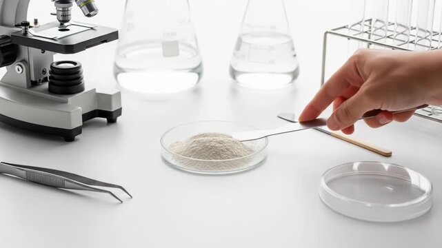 A person's hand using a tool to handle a substance in a petri dish on a laboratory table with various equipment