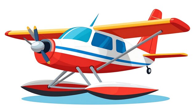 A vibrant cartoon illustration depicts a small seaplane in a side view, featuring a red and white fuselage, floats