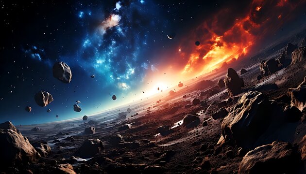 A dramatic cosmic event unfolds with a vibrant celestial collision, casting dynamic light across an asteroid-strewn landscape in the depths of space