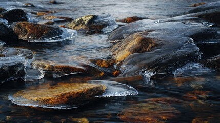 Obraz premium Icy water flows over river stones in cold weather