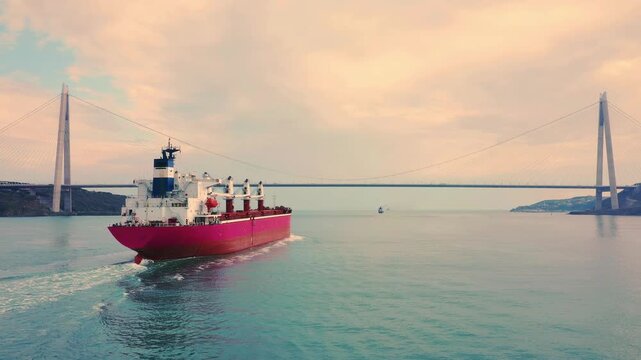 Bulk carrier with magenta hull passing under Yavuz Sultan Selim Bridge on Bosphorus Strait at dusk