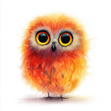 Cute orange owl with large eyes standing on white background  