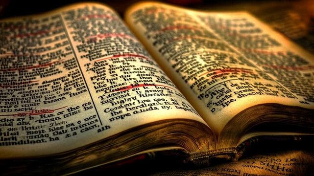 An old dictionary lies open on a table indoors.