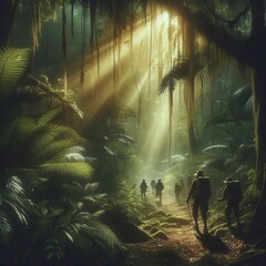 Obraz premium Adventure Hikers Walking in Dense Jungle with Dramatic Sunlight