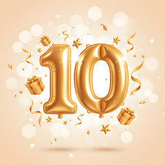 Festive golden '10' balloons with shimmering confetti, wrapped gift boxes, and sparkling bokeh lights, ideal for celebrating a special ten-year anniversary or significant milestone