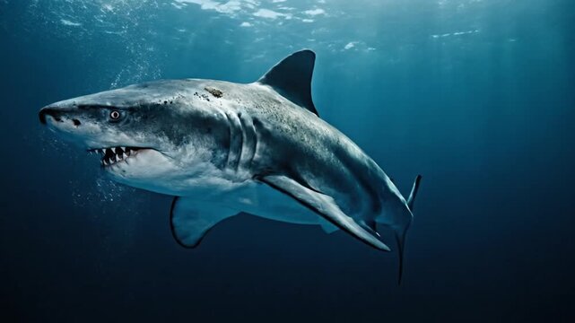 Underwater shark gliding through deep blue ocean cinematic view. 4K Video