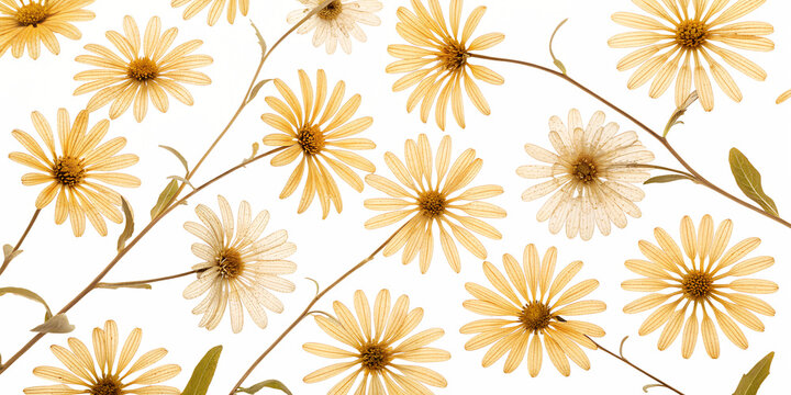 Delicate sunshine blooms dancing gracefully against a pristine backdrop in a serene moment of nature's artistry ai, flowers, blooms, golden, nature, floral, petals, artistry, tranquility, sunlit, bota