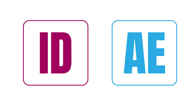 ID and AE letter design: Simple designs, The image focuses on two distinct square-shaped icons featuring the letters 'ID' in a deep magenta hue and 'AE' in a vibrant turquoise blue. 