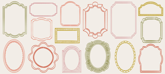 Doodle frames set. Hand drawn geometric colorful border collection. Minimal hand drawn oval, arch or rectangle shapes kit. Elegant retro empty banner, poster, placard decor. Doodle vintage emblem.
