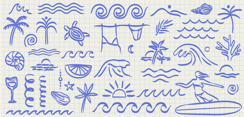 Fototapeta na wymiar Hand drawn doodle beach surf vector illustrations. Tropical naive coastal elements. Palm trees, waves, starfish, woman surfer and sun summer zigzag ornament. T-shirt, poster and placard design prints.