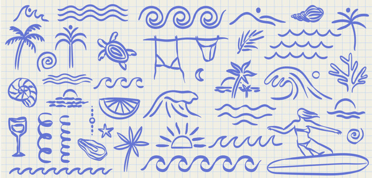 Hand drawn doodle beach surf vector illustrations. Tropical naive coastal elements. Palm trees, waves, starfish, woman surfer and sun summer zigzag ornament. T-shirt, poster and placard design prints.