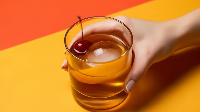 A hand holding a glass of amber-colored liquid with an ice cube and a cherry on a vibrant orange and red background