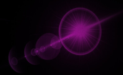 Obraz premium Vibrant purple lens flare effect with bright starburst and glowing circles on a deep black background, ideal for abstract overlays, digital design, and graphic resource projects.