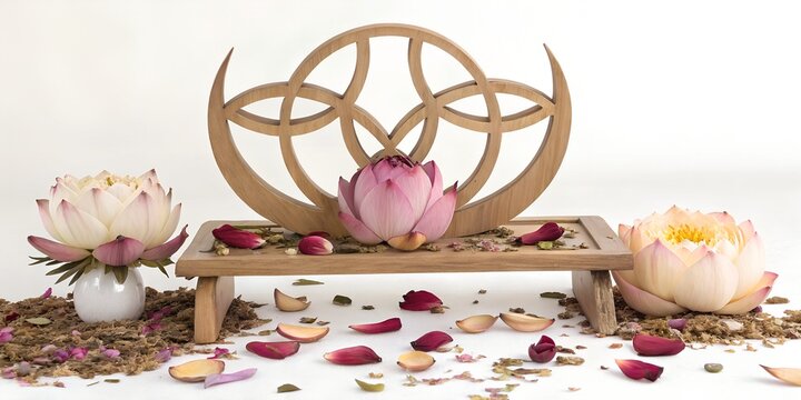 Exquisite arrangement of lotus flowers and elegant wooden decor in a tranquil space rich with symbolism and harmony Generative AI ai, lotus, flowers, wooden, decor, tranquility, balance, harmony, peta