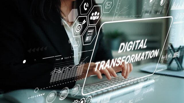 Focused Business Professional Engaging in Digital Transformation Strategies for Future Growth and Innovation in a Modern Workspace. Asymptotic smart data analytic.