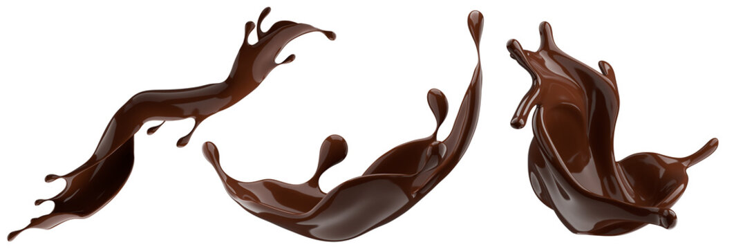 Set of chocolate splashes isolated on a white background. 3D render