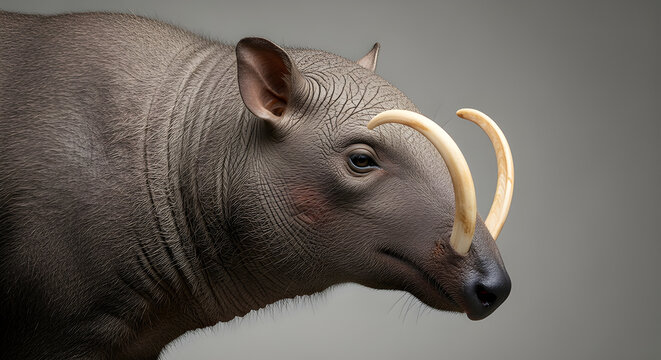 Babirusa with unique upward-curving tusks and textured skin, studio wildlife image. Isolated on White background