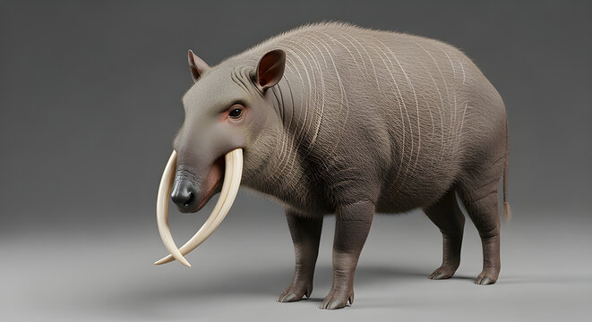 Babirusa with unique upward-curving tusks and textured skin, studio wildlife image. Isolated on White background