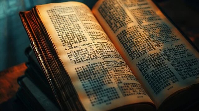 An open dictionary lies on a wooden surface, displaying text pages in a close-up, overhead view.