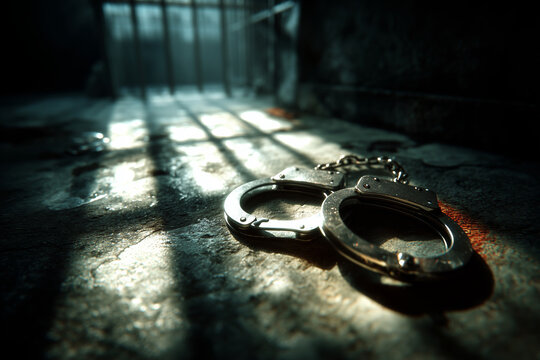 Handcuffs resting on a cold stone floor in a dimly lit cell