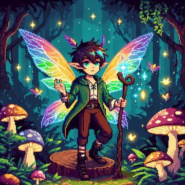 Magical Pixel Fairy Character with Colorful Wings in Fantasy Forest