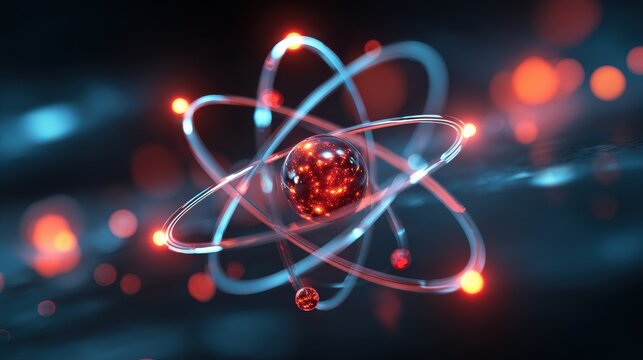 Abstract visualization of an atomic structure with glowing nucleus and orbital electrons