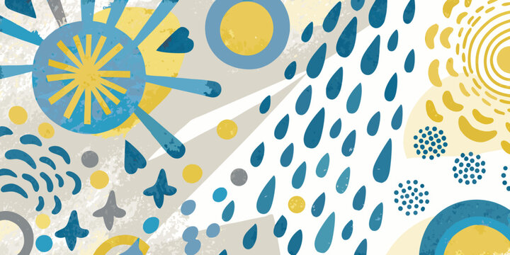 Abstract colorful shapes and patterns resembling sun and rain motifs