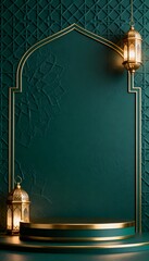 Islamic green background with gold lanterns and podium for product display. Ramadan Kareem and Eid Mubarak luxury greeting card concept. Vertical 3D illustration with copy space