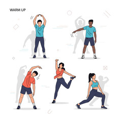 Fototapeta premium Illustration of diverse people performing various warm-up exercises before a workout, including arm circles, side bends, and leg stretches.