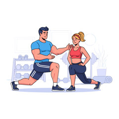 Obraz premium Personal trainer guiding a woman through a lunge exercise in a modern gym setting, focusing on proper form and fitness.
