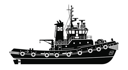 A striking black and white silhouette depicts a powerful tugboat showcasing its industrial design and maritime functionality high quality © VoDesign02
