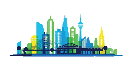 A colorful stylized illustration depicts a modern cityscape with iconic skyscrapers a bridge and a flat design aesthetic