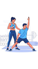 Obraz premium A personal trainer guides a man through a stretching exercise in a gym setting, focusing on proper form and technique.
