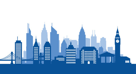 A striking blue silhouette depicts a dense urban skyline featuring iconic landmarks and architectural diversity high quality professional detailed © VoDesign02