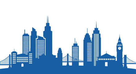 Fototapeta premium A striking blue silhouette depicts a sprawling city skyline featuring iconic landmarks and bridges high quality professional detailed modern