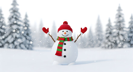 A cheerful snowman in a snowy forest with a red hat and scarf